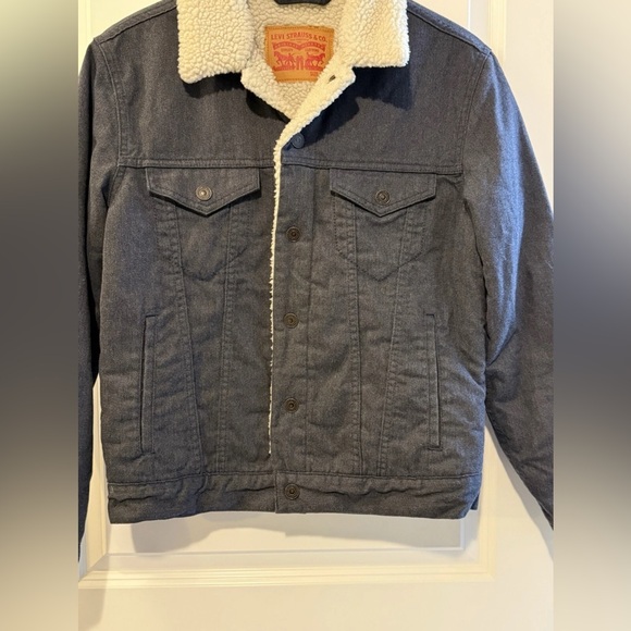 EUC Levi Strauss Cotton Navy Blue Sherpa Winter Trucker Jacket Men’s Small - Picture 7 of 15